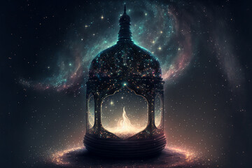A Ramadan night at the mosque, rendered in 3D by Generative AI with a colorful design and a glowing lantern
