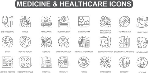 Fototapeta na wymiar Medicine and Healthcare Vector, simple set vector thin line medical and science icons