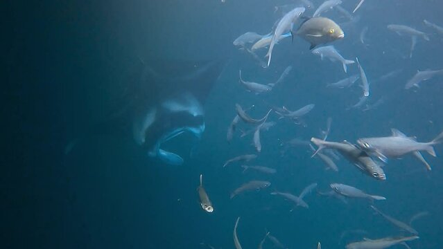 Hawaii night dive with giant manta rays,  fish and saltwater stingrays feeding off sea plankton. 