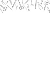 Fototapeta premium A4 sheet with tools on the edge for manicure and pedicure, black lines on a white background, advertising poster, background for a beauty salon