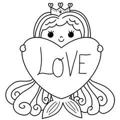 mermaid holding heart coloring page