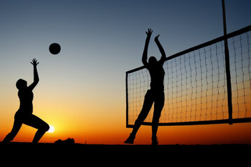 beach sunset volleyball players silhouette,Generative IA