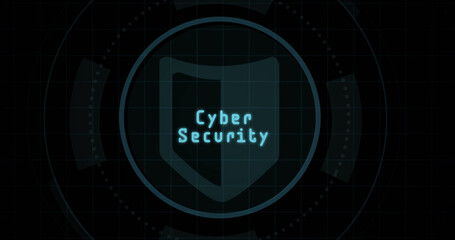 Composition of online security text over shield icon on black background