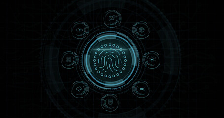 Composition of online security biometric fingerprint icon on black background