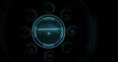 Composition of online security padlock icon on black background