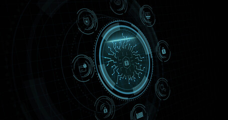 Composition of online security padlock icon on black background