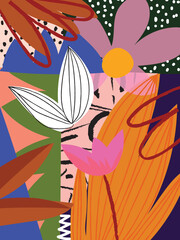 Colorful modern tropical art abstract and artistic flowers, leaves vector illustration. Design for fashionable, textile, fabric, poster, cover and background.