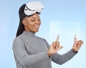Black woman, virtual reality and touching futuristic display, hologram or screen against a blue...