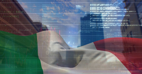 Obraz premium Composition of data processing over flag of italy and cityscape