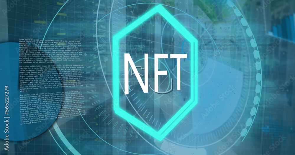 Poster Composite of scope and nft text with digital data processing over screens
