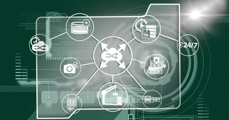 Composition of connections with icons and data processing on screen