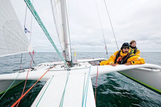Training session before the Atlantic Crossing from Lorient in Brittany to Saint-Barthelemy, French West Indies for Vincent Beauvarlet and Vincent Lantin on a 23 feet multihull ( Mu