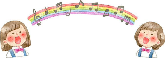 歌を歌う子供たちと虹と音符のイラスト(フレーム)