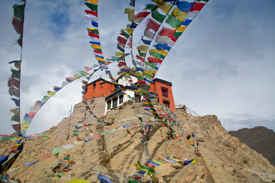 The Namgyal Tsemo Gompa with prayer flags, a Buddhist monastery in Leh district, Ladakh, Northern India.