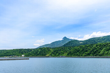 Fototapeta na wymiar 利尻島、鴛泊(おしどまり)の山と町と港 