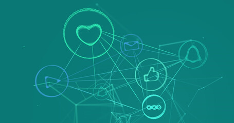 Image of data processing and connections with icons on green background
