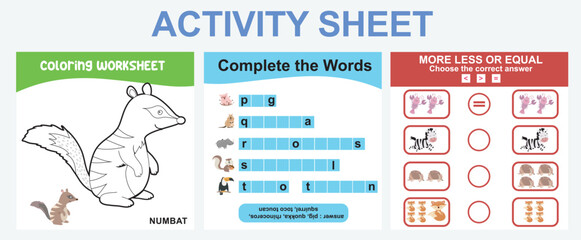 3 in 1 Activity kit for preschool and kindergarten kids with animal theme. Educational printable worksheet. Colouring page, math game counting more, less, or equal, and missing letters worksheet. 
