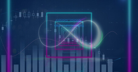 Naklejka premium Image of neon infinity over digital screen with squares and graphs