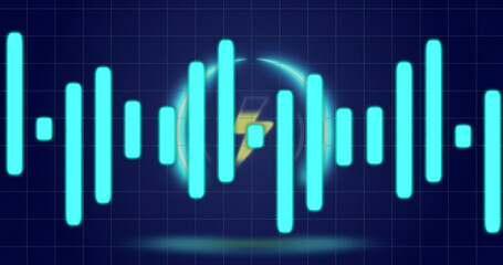 Image of circle with flash over digital screen with financial graphs