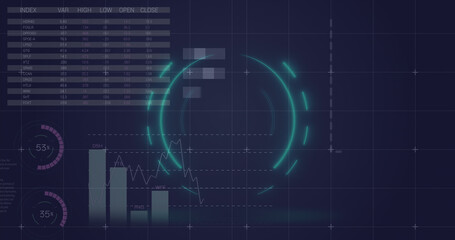 Image of circle over digital screen with financial graphs and data