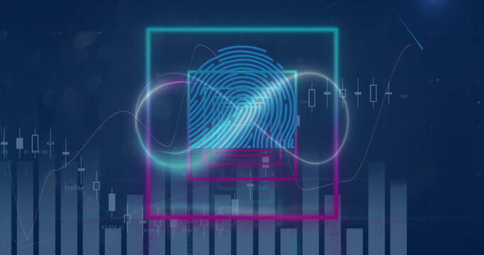 Image of neon infinity over digital screen with squares and graphs