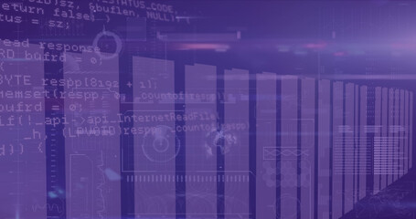 Composition of data processing over columns on purple background