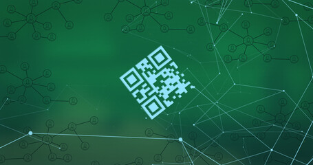 Composition of network of connections with qr code and icons on green background