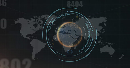 Obraz premium Composition of world map with numbers and scope scanning over black background