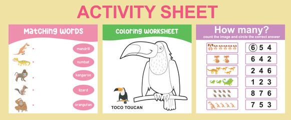 3 in 1 Activity kit animals edition for preschool and kindergarten kids. Educational printable worksheet. Colouring page, math game counting the animal and circle the number, matching words worksheet.