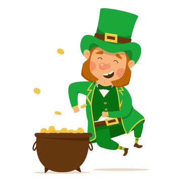 Funny and cute leprechaun with a pot of gold. Vector illistration for St. Patrick's day. Happy man in a green suit and hat. Isolated on a white background.