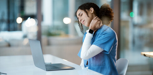 Healthcare, black woman and doctor with neck pain, burnout or overworked in hospital, laptop or...