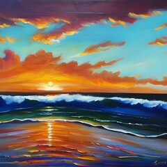 A beautiful oil painting of a sunset over the ocean Generative AI
