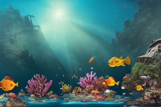 Cartoon underwater landscape with sunken frigate ship. Vector game level background with shipwreck vessel on sea bottom, treasure chest, aquatic plants, coral reef, rocks and animals.. Generative AI