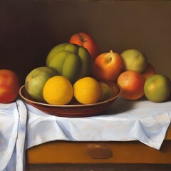 An oil still life of a bowl of fruit on a table 3 Generative AI