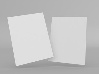 Two sheets of A4 paper on a gray background. 3d render illustration.