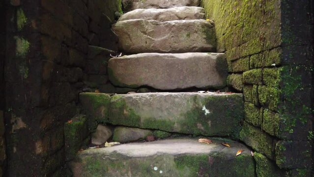 Ancient Stone Stairs with Moss at Goa Garba Ancient Temple Ruins, Bali, Indonesia, Narrow Path through Balinese Jungle in Tampaksiring, Gianyar