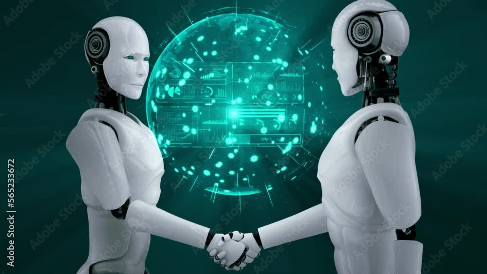 Aufkleber 3d rendering hominoid robot handshake to collaborate future technology development by ai thinking br