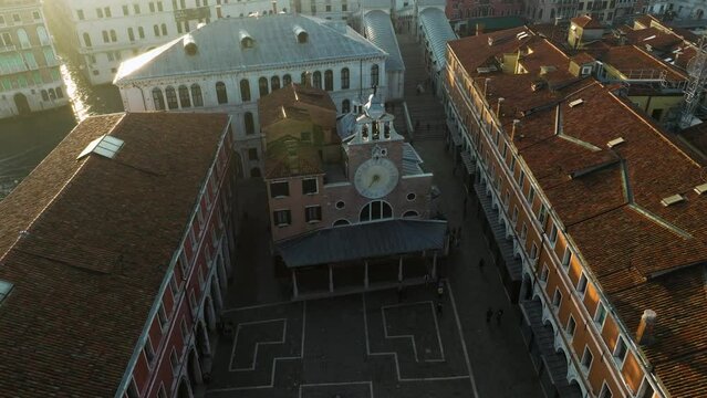 Aerial View Of Facade Exterior Of Chiesa di San Giacomo di Rialto In Venice, Italy.