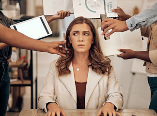 Stress, management and multitask woman manager with anxiety, burnout and focus problem working in...