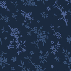 Fototapeta na wymiar Two-tone floral pattern with twigs. Blue flowers on a dark blue background.