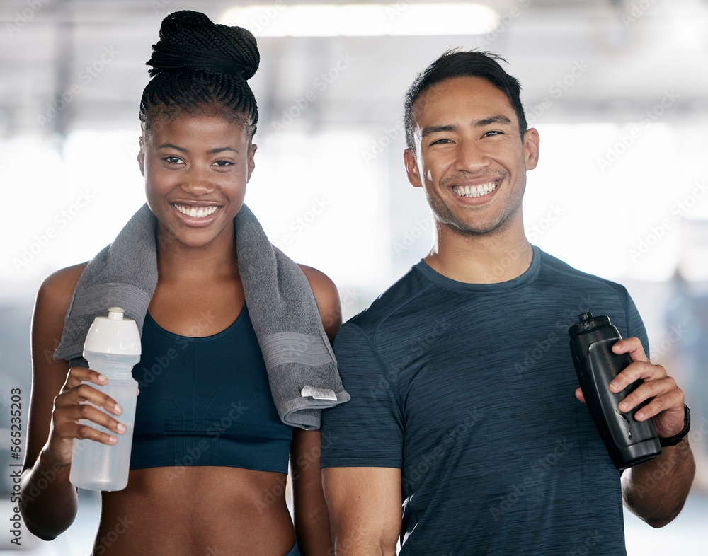 Poster portrait, fitness and drinking water with a sports couple in the gym together after a workout. diver