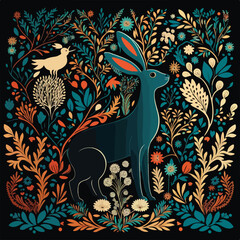 scandinavian folk pattern rabbit - obrazy, fototapety, plakaty