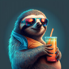 laid-back sloth wearing sunglasses and a t-shirt with a tropical print - obrazy, fototapety, plakaty