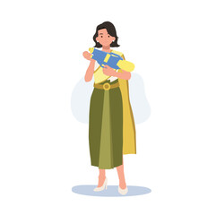  woman inSongkran Festival concept. Culture in Thailand. woman in Thai traditional clothings is holding water gun. Flat Vector Illustration