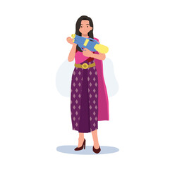  woman inSongkran Festival concept. Culture in Thailand. woman in Thai traditional clothings is holding water gun. Flat Vector Illustration