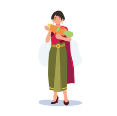  woman inSongkran Festival concept. Culture in Thailand. woman in Thai traditional clothings is holding water gun. Flat Vector Illustration