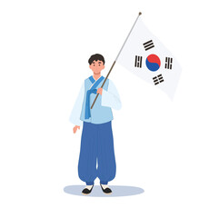 South Korean man in traditional dress holding South Korean flag. Vector illustration.