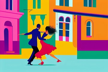 A vector colorful illustration of a couple dancing Tango in the streets - obrazy, fototapety, plakaty