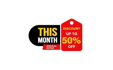 50 Percent THIS MONTH offer, clearance, promotion banner layout with sticker style. 
