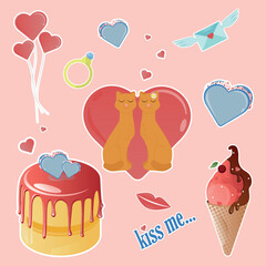 Set of stickers for Valentine's Day. Balloons, hearts, lips, cake, ice cream. Beautiful and cute stickers on a pink background of love.